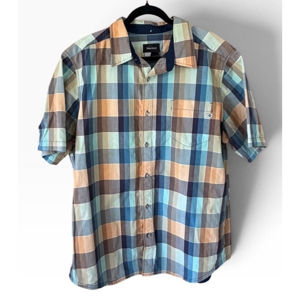 Marmot Blue Green Orange Plaid Short Sleeve Outdoor Hiking Shirt Mens XL